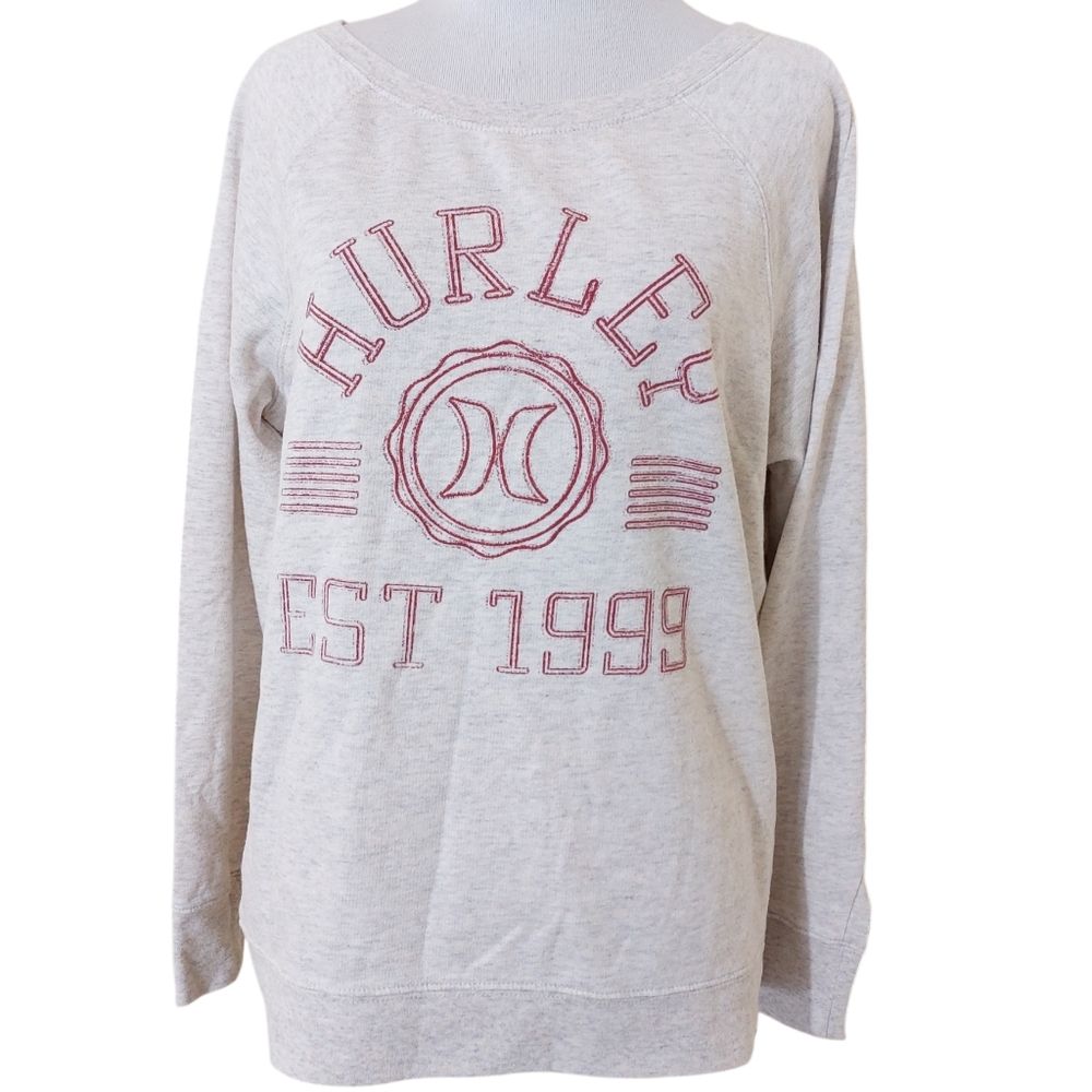 Hurley Est. 1999 Red Logo Long Sleeve Grey Lightweight Crewneck Sweater Large